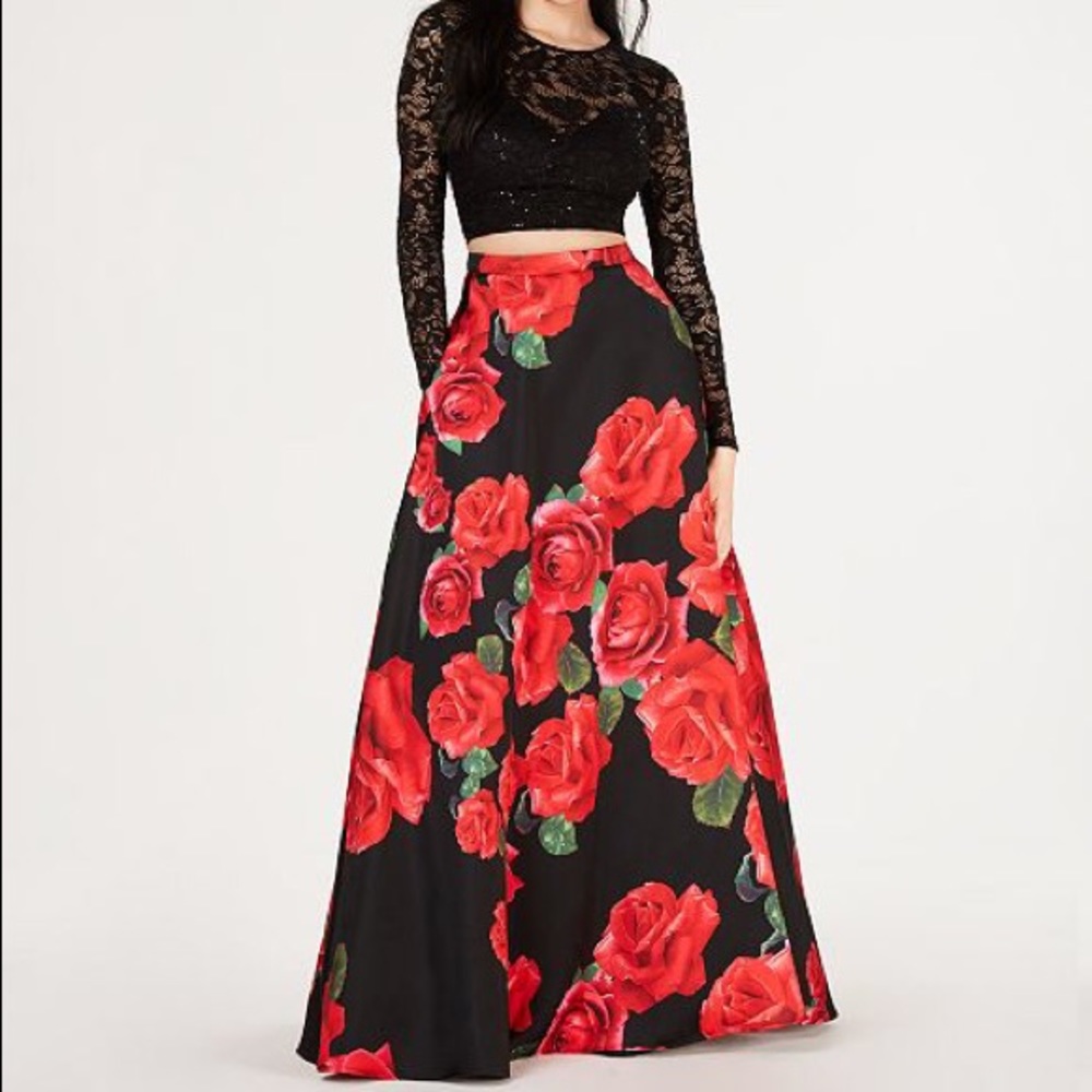 Juniors' 2-Pc. Lace Top & Printed Long Skirt